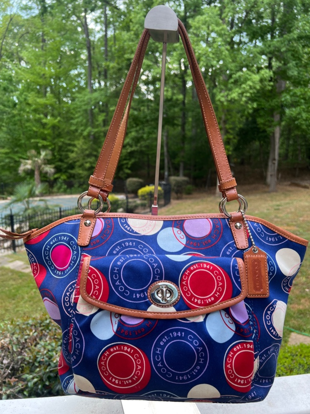 Coach Leah Polka Dot Print Navy Multicolor Signature Circle Print Tote-14×9×5